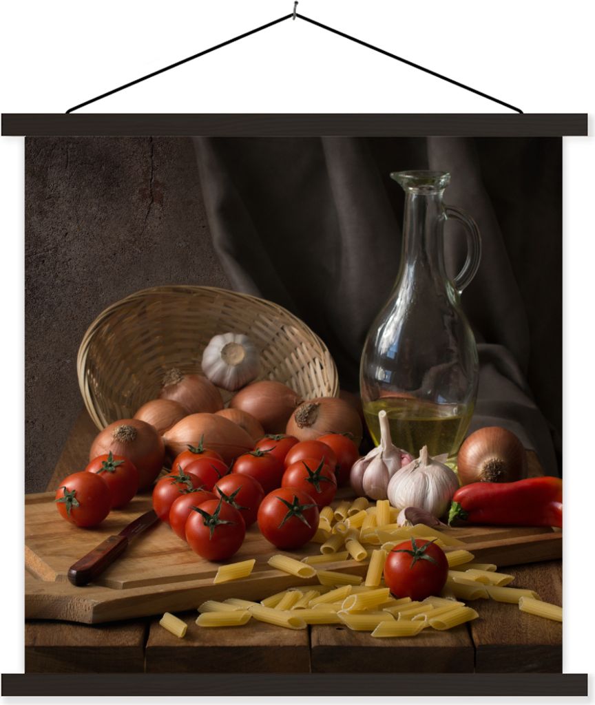 MuchoWow Textilposter Schneidebrett - Gemüse - Stillleben - Pasta - Aus - Tomate - Schneidebrett 60x60 cm mit schwarzem Rahmen - Posteraufhänger