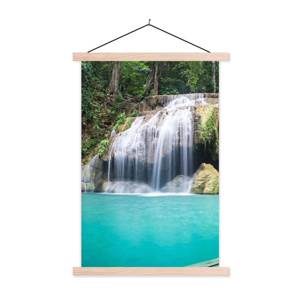 MuchoWow Textilposter Wasser - Wasserfall - Bäume 120x180 cm mit holzfarbenen Rahmen - Textil-Plakat