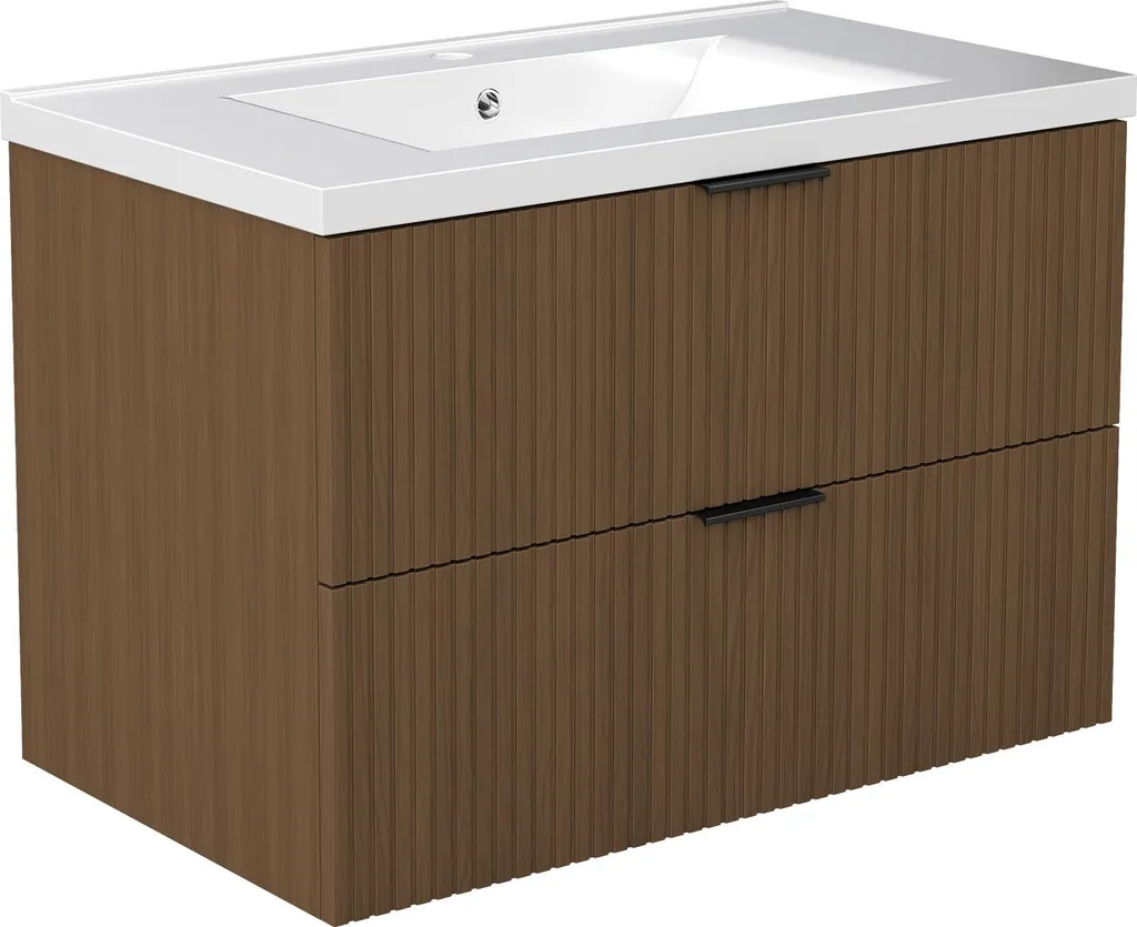 Ensemble Meuble de Salle de Bain Suspendu 80cm en Bois de Noyer Chic