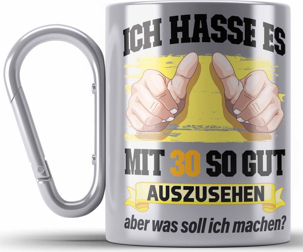 Trendation - 30. Geburtstag Edelstahl Tasse Karabiner Frau Männer Geschenk 30er Geschenkidee 30 Mutter Vater Mann Frauen Lustig Geschenke (Silber)