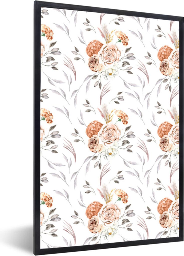 MuchoWow Gerahmtes Poster Blumendekoration - Muster - Weiß 20x30 cm - Poster mit Schwarzem Bilderrahmen Wandposter Rahmen Foto Bilder - Drucken ...