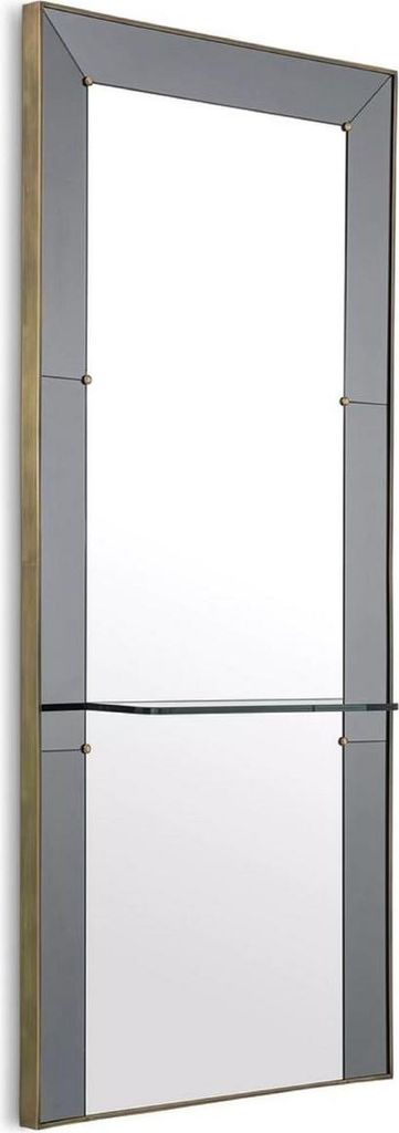 Casa Padrino Luxus Wandspiegel Grau / Antik Messing 100 x H. 217 cm - Rechteckiger Garderoben Spiegel mit Glasregal - Badezimmer Spiegel - Garderob...