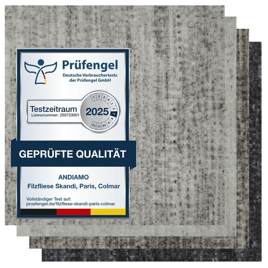 Filzfliese hellgrau gestreift mit Prüfengel-Siegel, Mustern in grau, anthrazit, beige-grau.