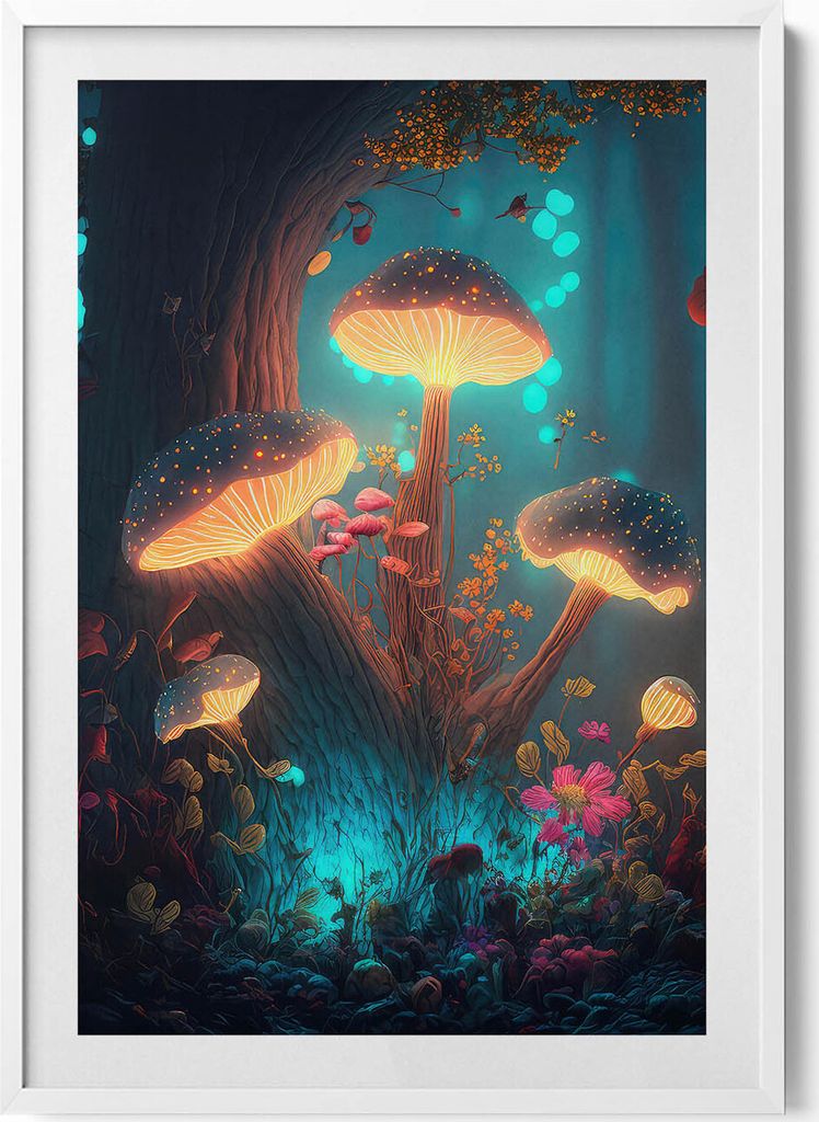 Wald und Zauberpilze– Wandbild mit Rahmen – Gerahmtes Bild – Wanddekoration – 70x100 cm – Weiß Rahmen
