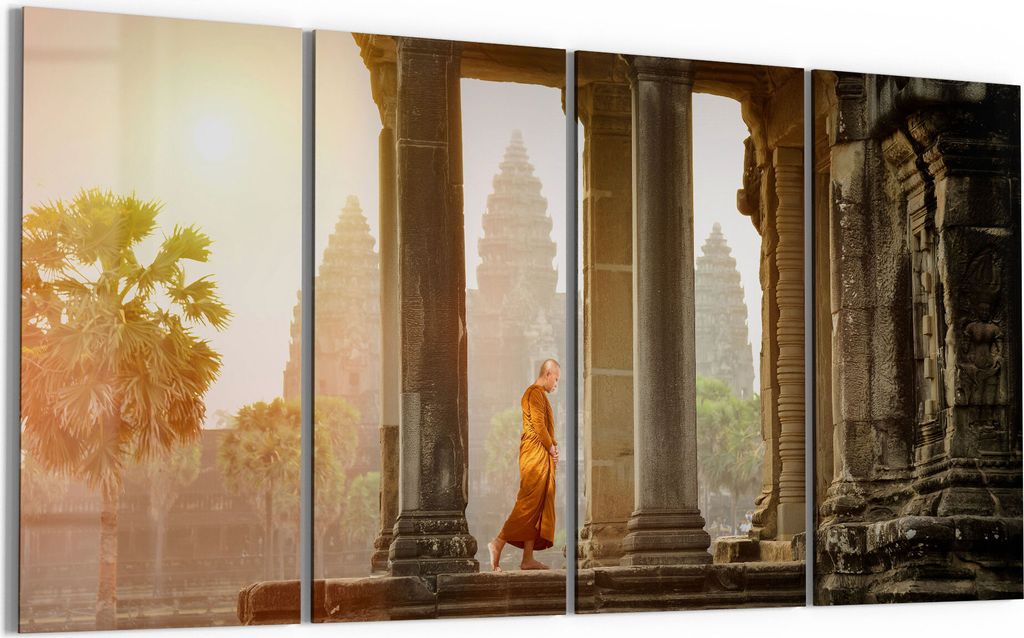 DEQORI Glasbild Echtglas 4x30x60 cm 'Mönch in Tempelanlage' Wandbilder XXL groß