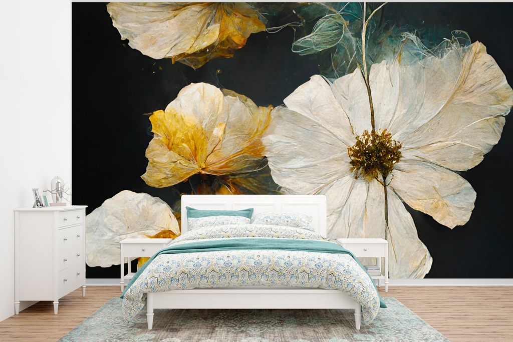 MuchoWow Fototapete für Wohnzimmer oder Schlafzimmer Wandtapete Vinyl Motivtapete Blumen - Pflanzen - Schwarz - Weiß - 375x280 cm - Schlafzimme...