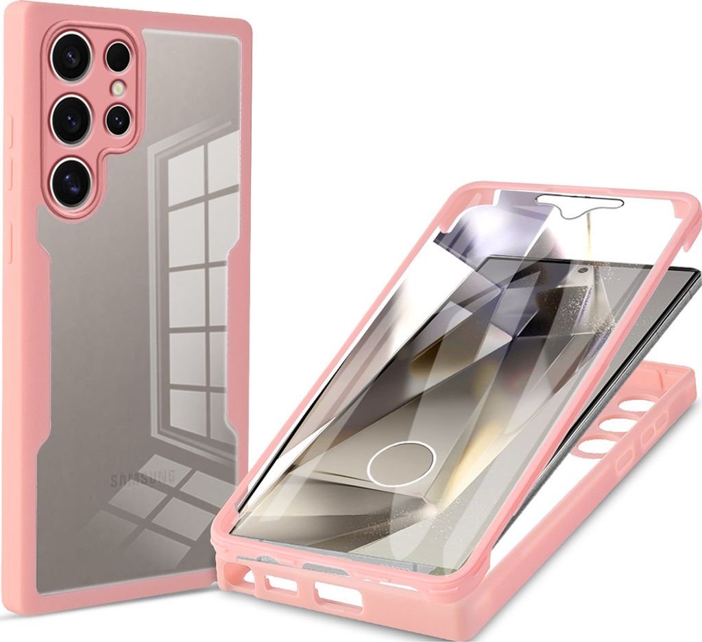 Schutzhülle für Samsung Galaxy S24 Ultra, Eingebautem Displayschutz 360 Grad Komplettschutz Handyhülle Pink