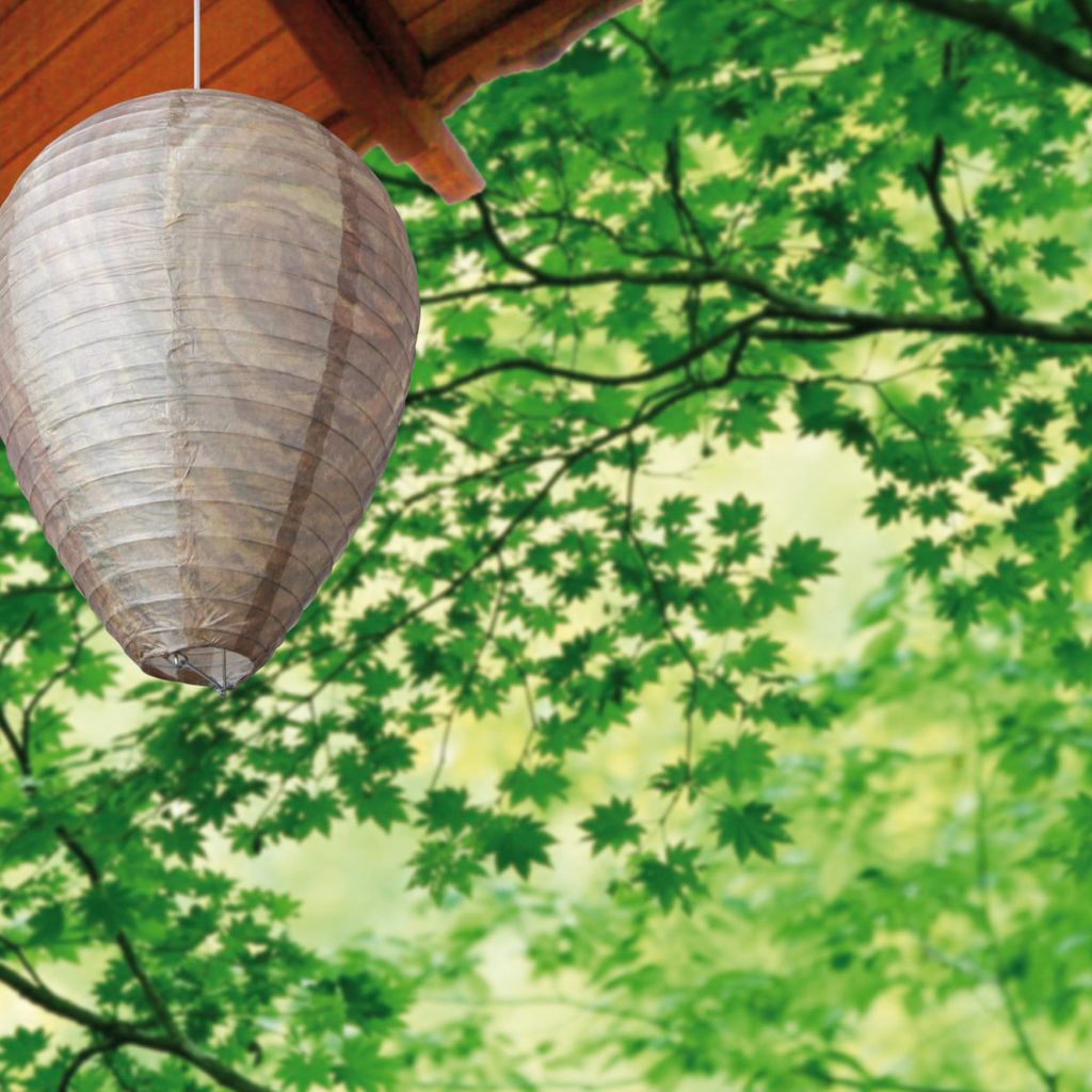 A wasp nest decoy hanging from a wooden eave, surrounded by green leaves.