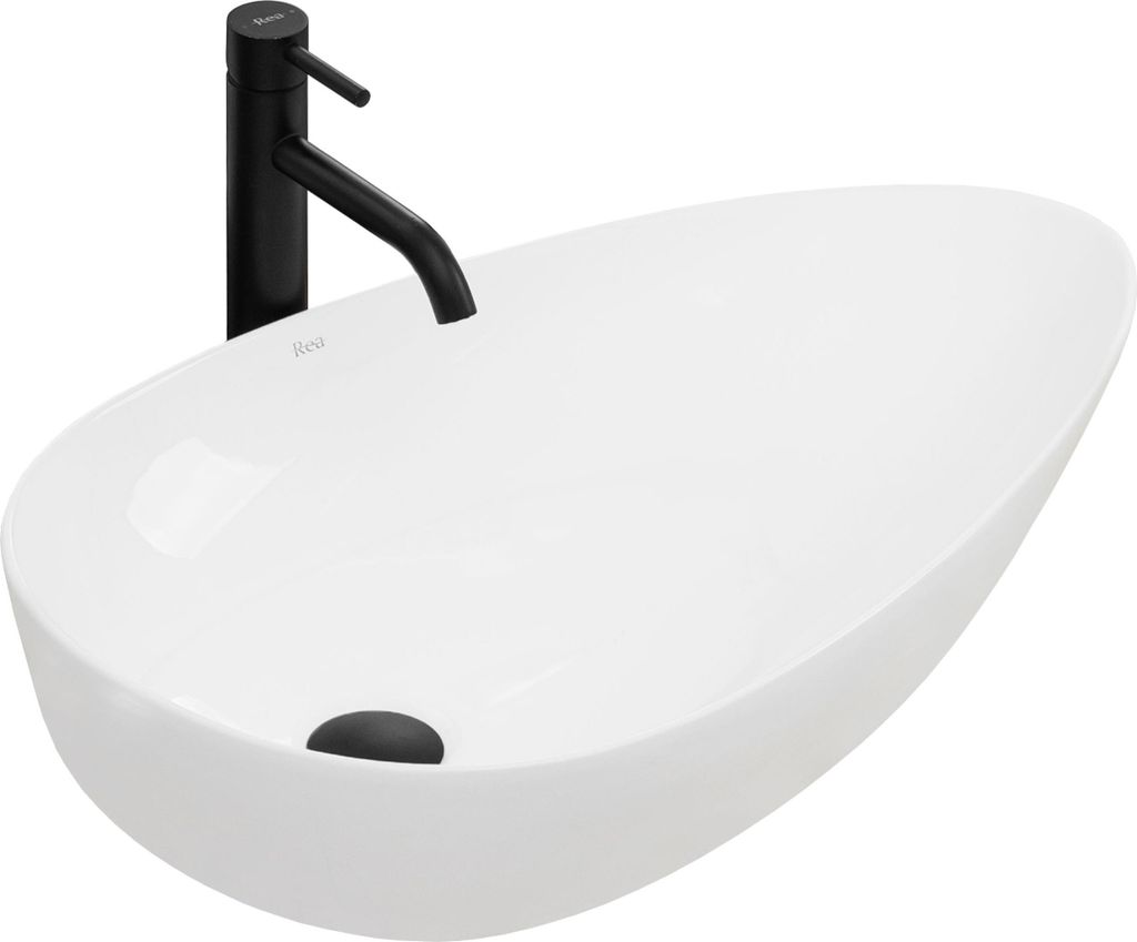 A white oval basin with a black faucet.