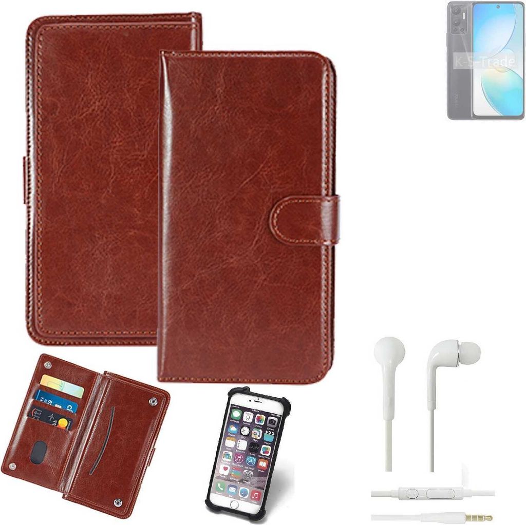 K-S-Trade 360° Hülle kompatibel mit Infinix Hot 12i inkl. Headphones braun Kunstleder Case BookCase WalletCase Kunstlederederhülle Handyhülle,
