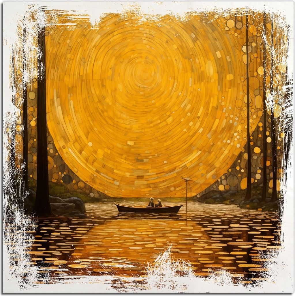 Kunstdrucke Wandbilder Holz in : Brillante Farben, Größe 50 x 50 cm Motiv Goldene Flussfahrt