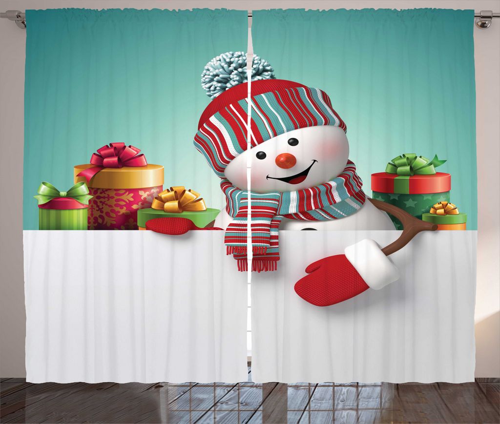 ABAKUHAUS Weihnachten Rustikaler Vorhang, Schneemann und Boxen, Wohnzimmer Universalband Gardinen mit Schlaufen und Haken, 280 x 225 cm, Mehrfarbig