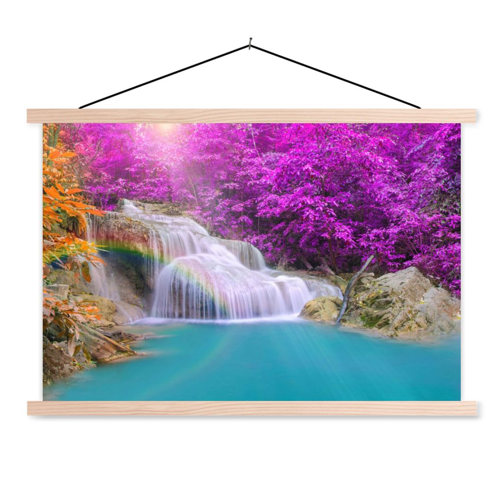MuchoWow Textilposter Wasserfall - Bäume - Regenbogen - Lila 60x40 cm mit holzfarbenen Rahmen - Bilder