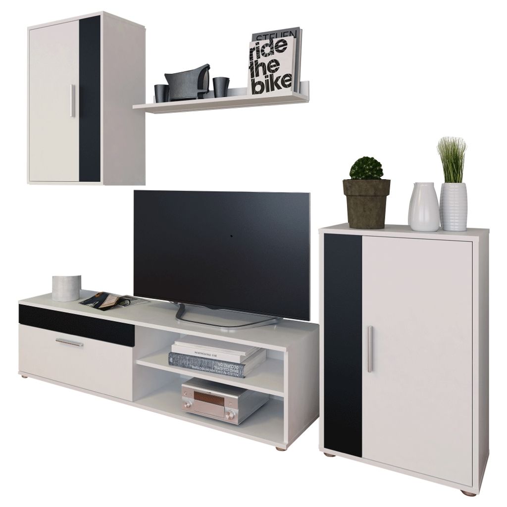 A collage of modern white and black furniture pieces, including a tall cabinet, a shelf with decorative items, a television stand with a TV, and a smaller cabinet with plants on top.