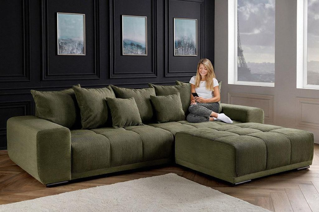riess-ambiente XXL Sofa ELEGANCIA 285cm grün Cord Federkern