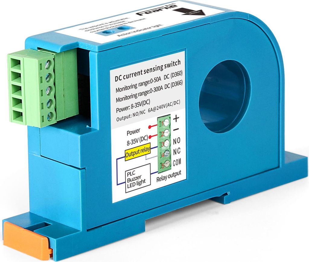 DC Strommessschalter mit Überlastschutz, Hall-Sensor D360 0-50A, 1NO+1NC, DIN-Schienenmontage