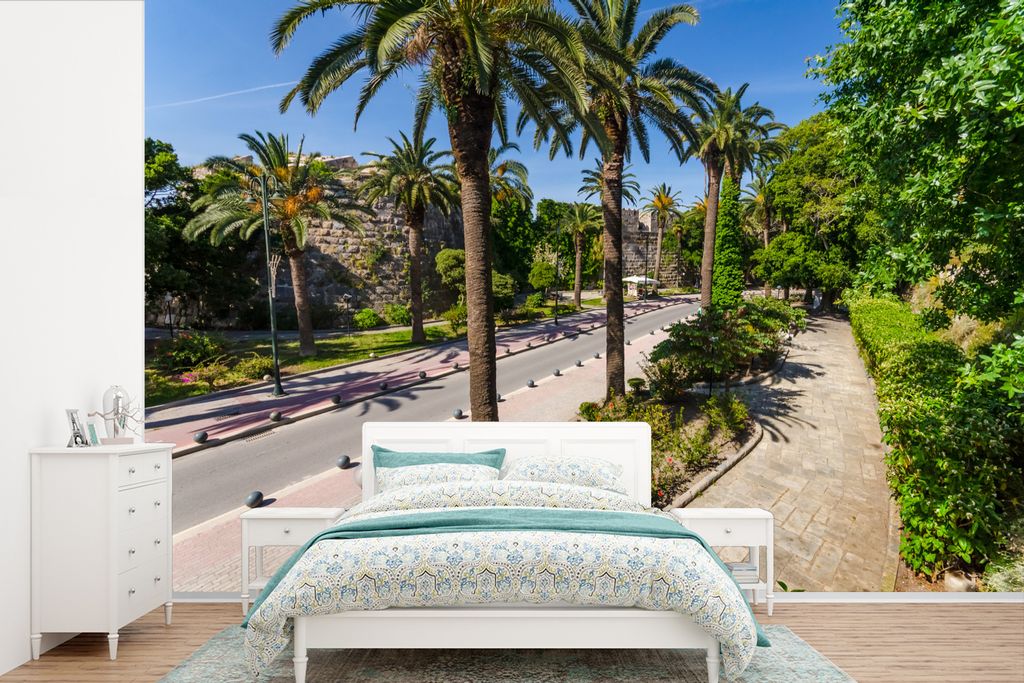 MuchoWow Fototapete für Wohnzimmer oder Schlafzimmer Wandtapete Vinyl Motivtapete Die Straße der Palmen auf Kos - 360x240 cm - Vinyl-Tapete