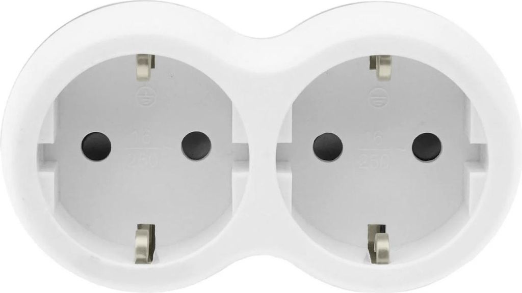 A white double European-style electrical outlet adapter.