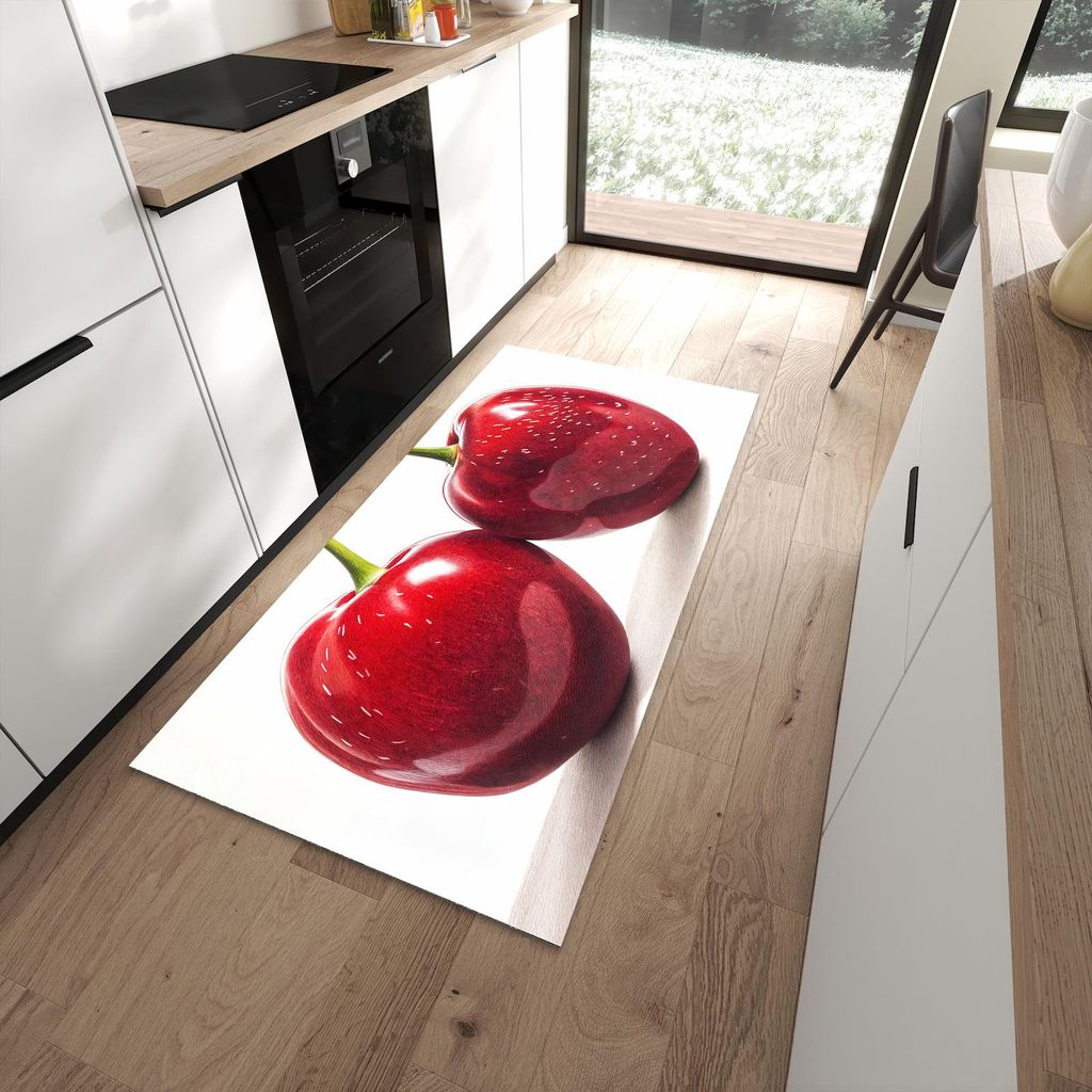 Küchenteppich 90x180cm rutschfest & abwischbar PVC Läufer - Kirschen Duo