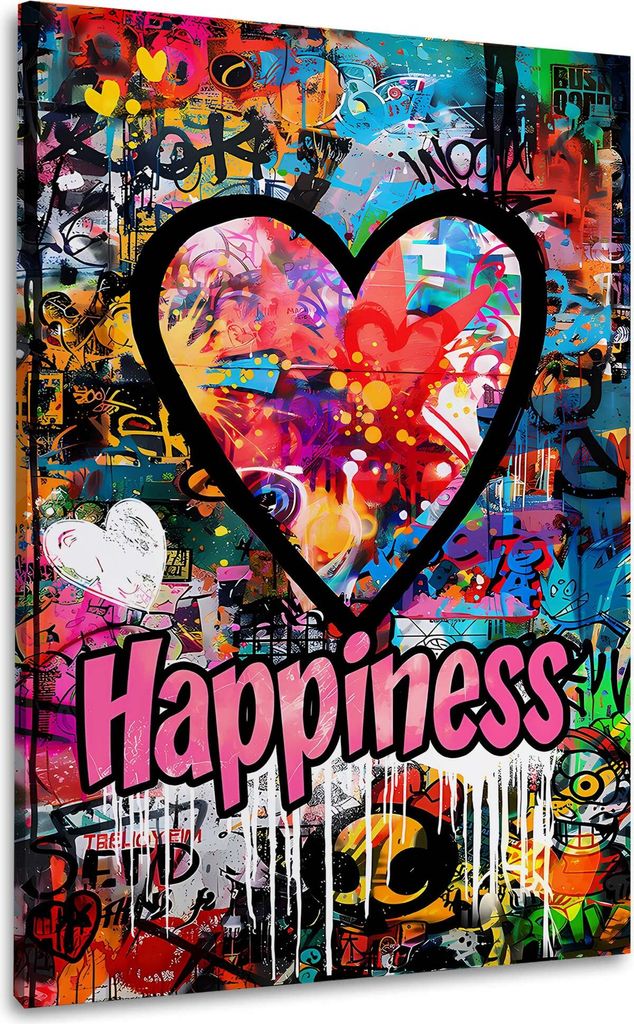 Herz Graffiti Pop Art mit Happiness Wandbild Leinwandbild Kunstdruck XL Wanddeko: 100x150x4cm