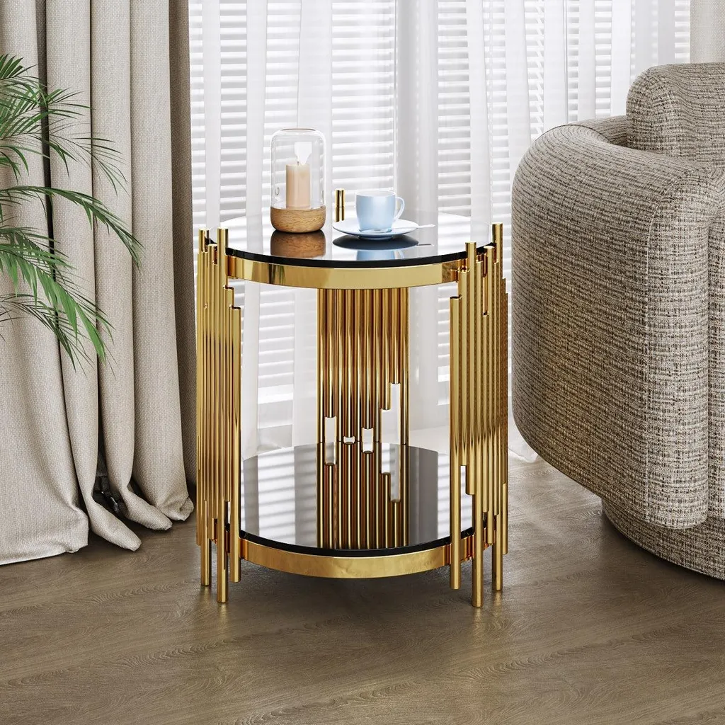 Petite table basse de luxe ronde verre noir et structure dorée chic - 7