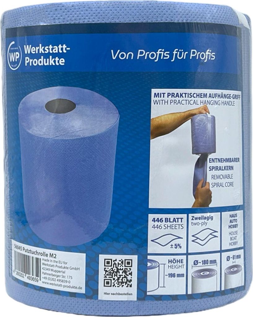 A roll of blue cleaning cloths with packaging and promotional text.