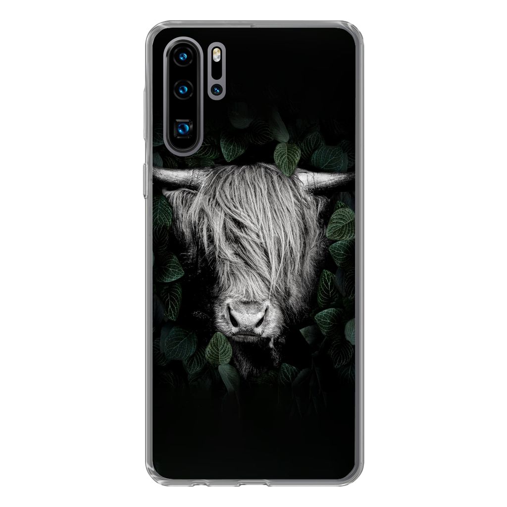 MuchoWow Handyhülle Schutzhülle Hülle für Huawei P30 Pro Schottischer Highlander - Blätter - Porträt Silikon Softcase Handy Hülle - Schutz...