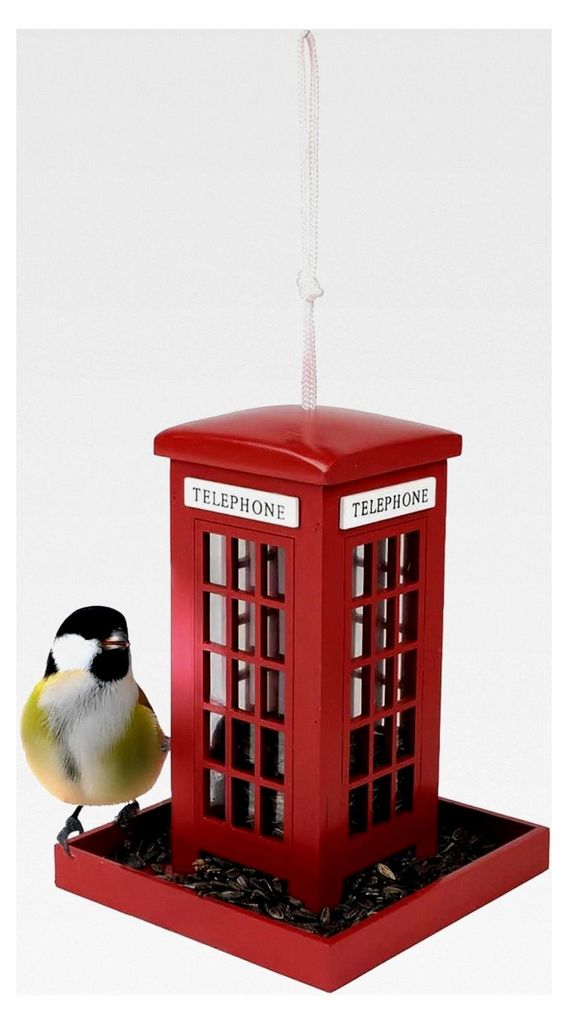 Vogelfutterstation rote Telefonzelle zum Aufhängen - 21 x 15 cm - Futterspender mit Sitzstange für Wildvögel - Garten Dekoration Vogelhäuschen