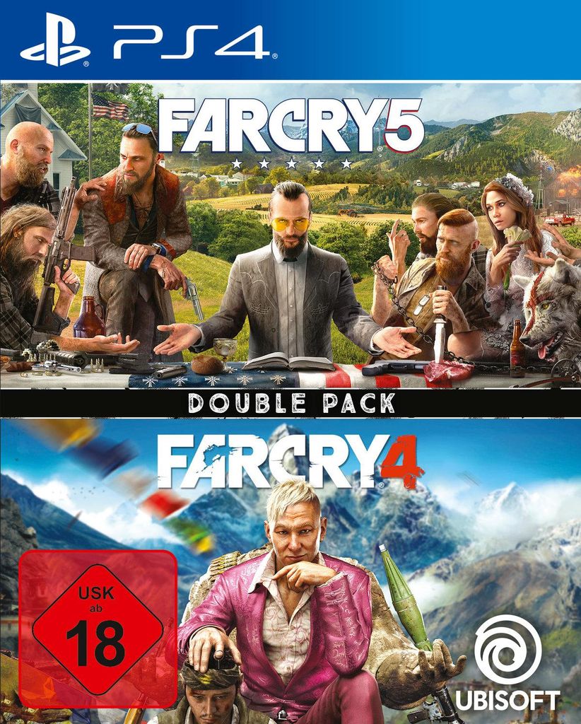A collage of two video game covers for Far Cry 5 and Far Cry 4, presented as a double pack for PS4.