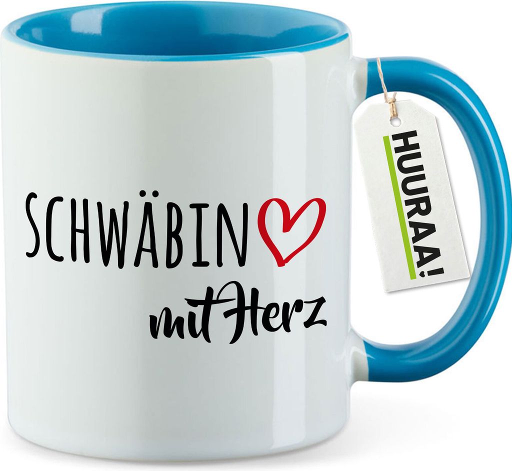 Huuraa Kaffeetasse Schwäbin mit Herz 330ml Blau Keramik Kaffeebecher Geschenkidee