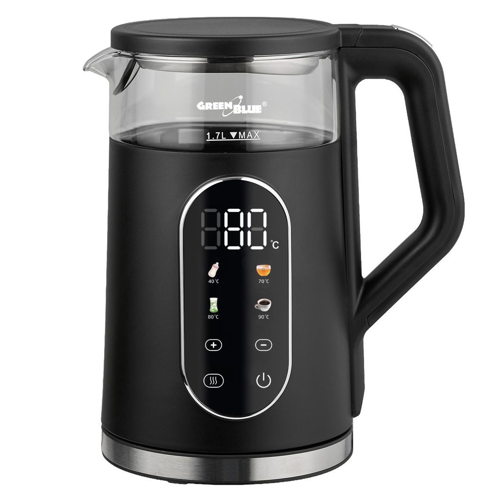 GreenBlue kabelloser Wasserkocher 1,7 l Fassungsvermögen Glasbehälter gut ablesbares Display Temperaturwahl 2200 W GB670 B