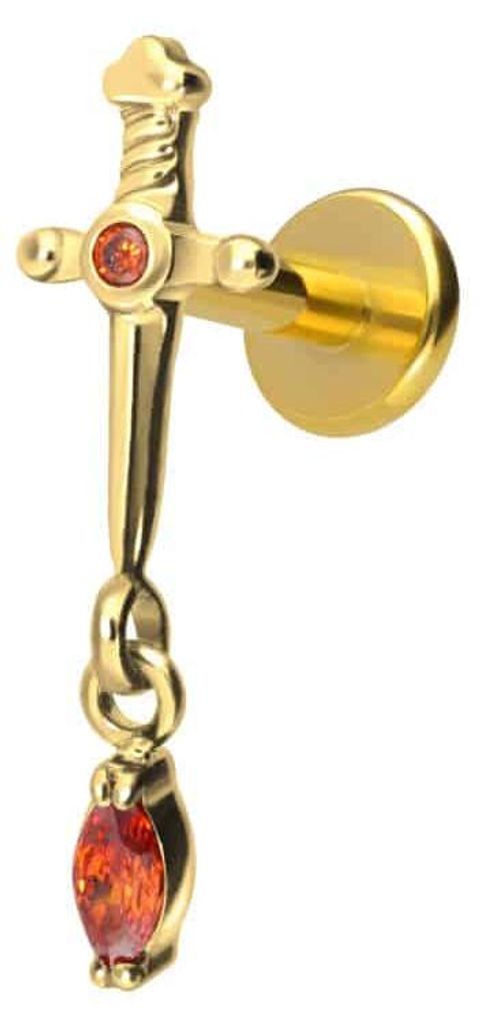 Ohrpiercing, Nasenpiercing Titan Labret mit Innengewinde DOLCH + KRISTALLTROPFEN Gold Stablänge: 10mm | Stabstärke: 1,6mm