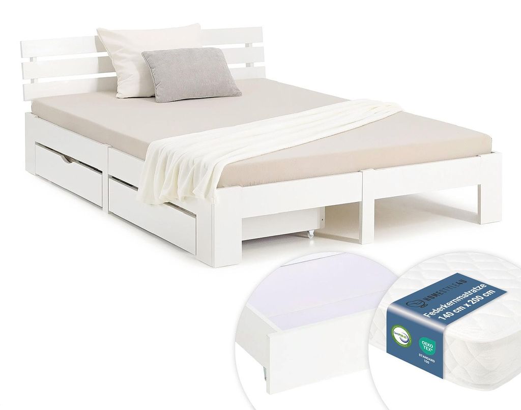 Lit double en bois 140x200 avec matelas à ressorts et 2 Image du produit 