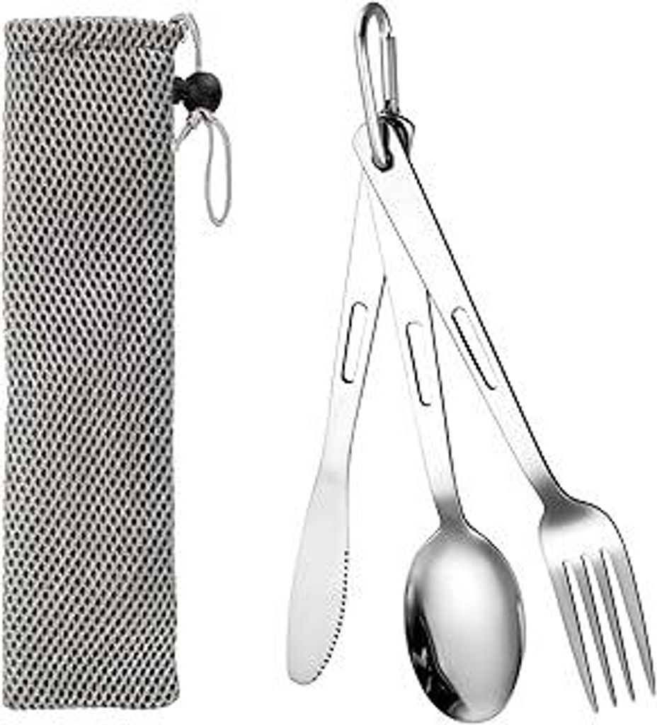 3 Stück Reisebesteck,Campingbesteck,Edelstahl Camping Besteckset,Tragbare Outdoor Besteck mit karabiner,Löffel Gabel Messer Kombi und tasche,Wied...