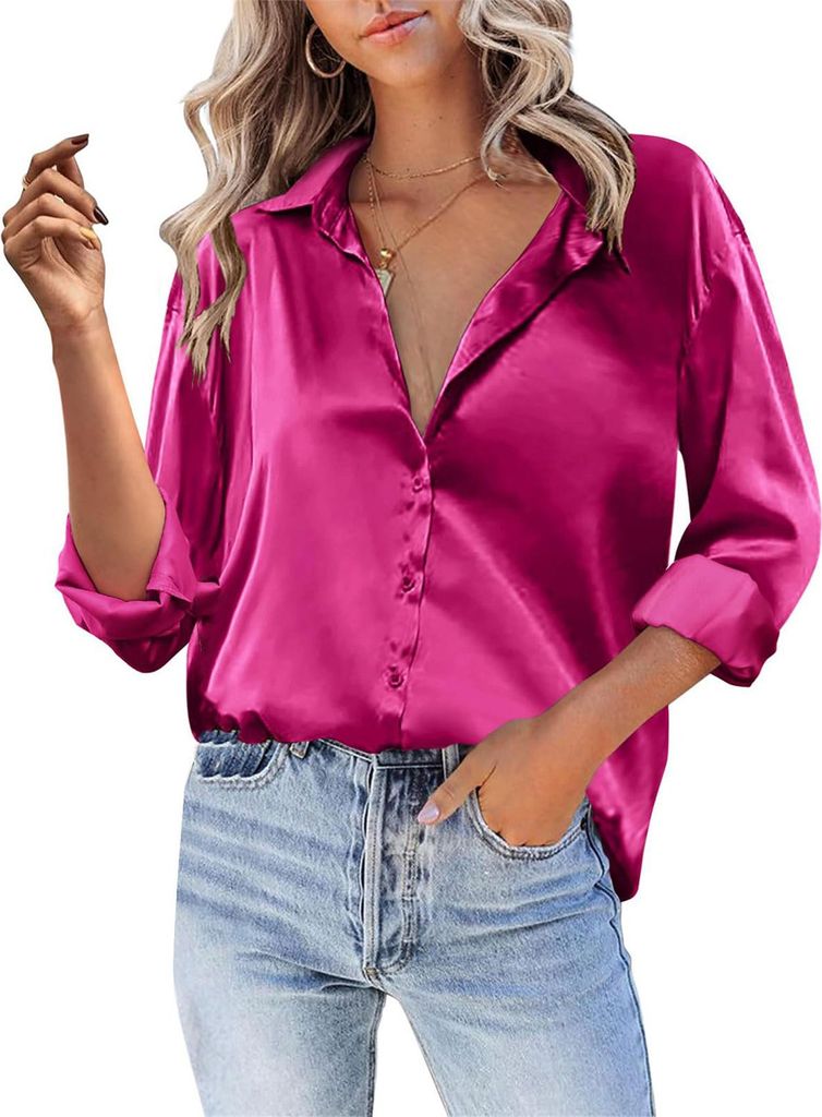 ASKSA Damen Satin Bluse V-Ausschnitt Hemde Elegant Knoepfen Oberteile Casual Einfarbig Tunika Langarmshirt (Rosenrot,XXL)