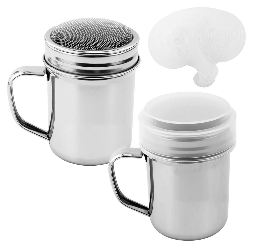 Edelstahl Pulverstreuer, 2 Stück Puderzuckerstreuer mit feinmaschigem Deckel für Gewürze und Kakaopulver, inklusive 16 Stück Prägeformen