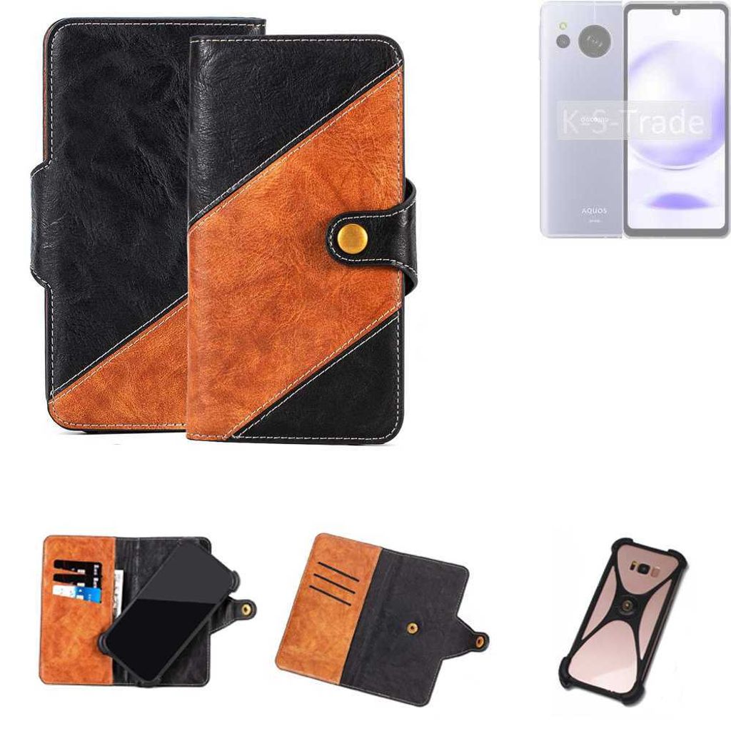 K-S-Trade Handyhülle Schutzhülle Bookstyle Case Wallet-Case kompatibel mit Sharp Aquos Sense8 Handy Cover Bumper Klapphülle schwarz hellbraun 1x