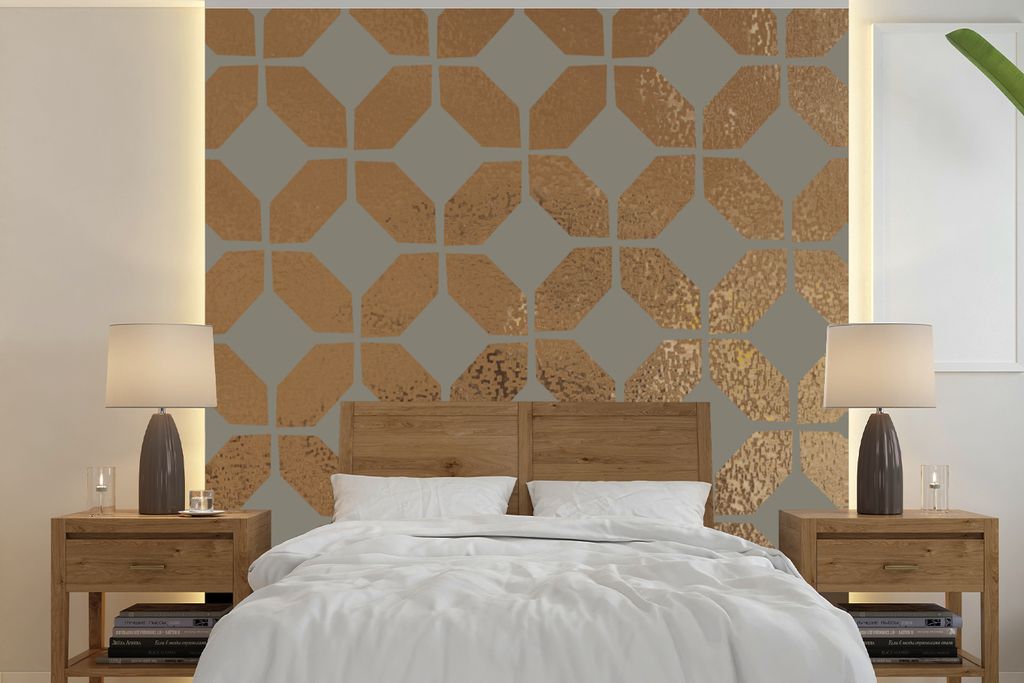 MuchoWow Fototapete für Wohnzimmer oder Schlafzimmer Wandtapete Vinyl Motivtapete Muster - Gold - Luxus - Grau - 220x220 cm - Tapeten