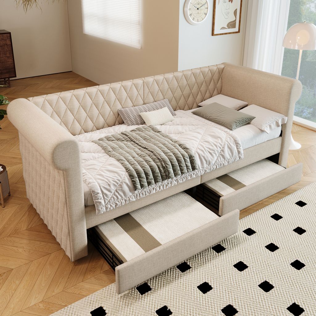 okwish Daybett,Schlafsofa 90x200 cm, Tagesbett mit 2 Stauraum Schubladen, Jugendbett Bettgestell mit Lattenrost aus Holz,Mit Matratze,Beige