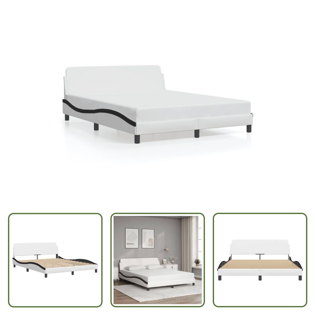 The Living Store Bettgestell mit Kopfteil Weiß und Schwarz 160x200 cm Kunstleder