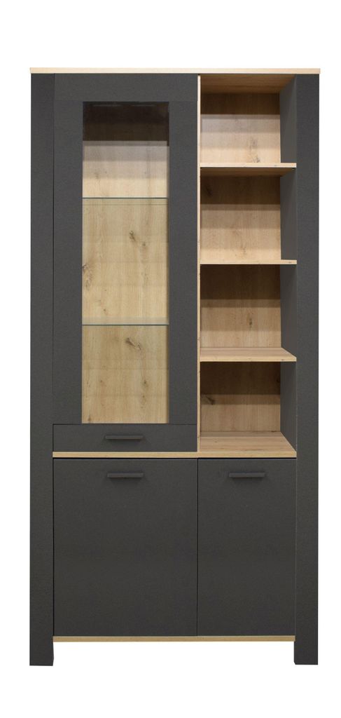 FURNARO Vitrine Nele Standvitrine Vitrinenschrank B/H/T: 96x203x44 cm, Farbe:Anthrazit matt lack/ asteiche