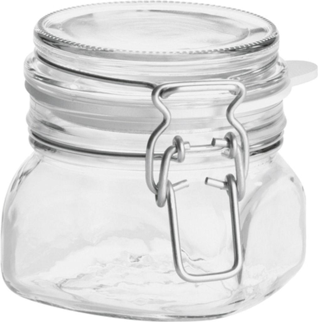 A clear glass jar with a metal clamp lid.