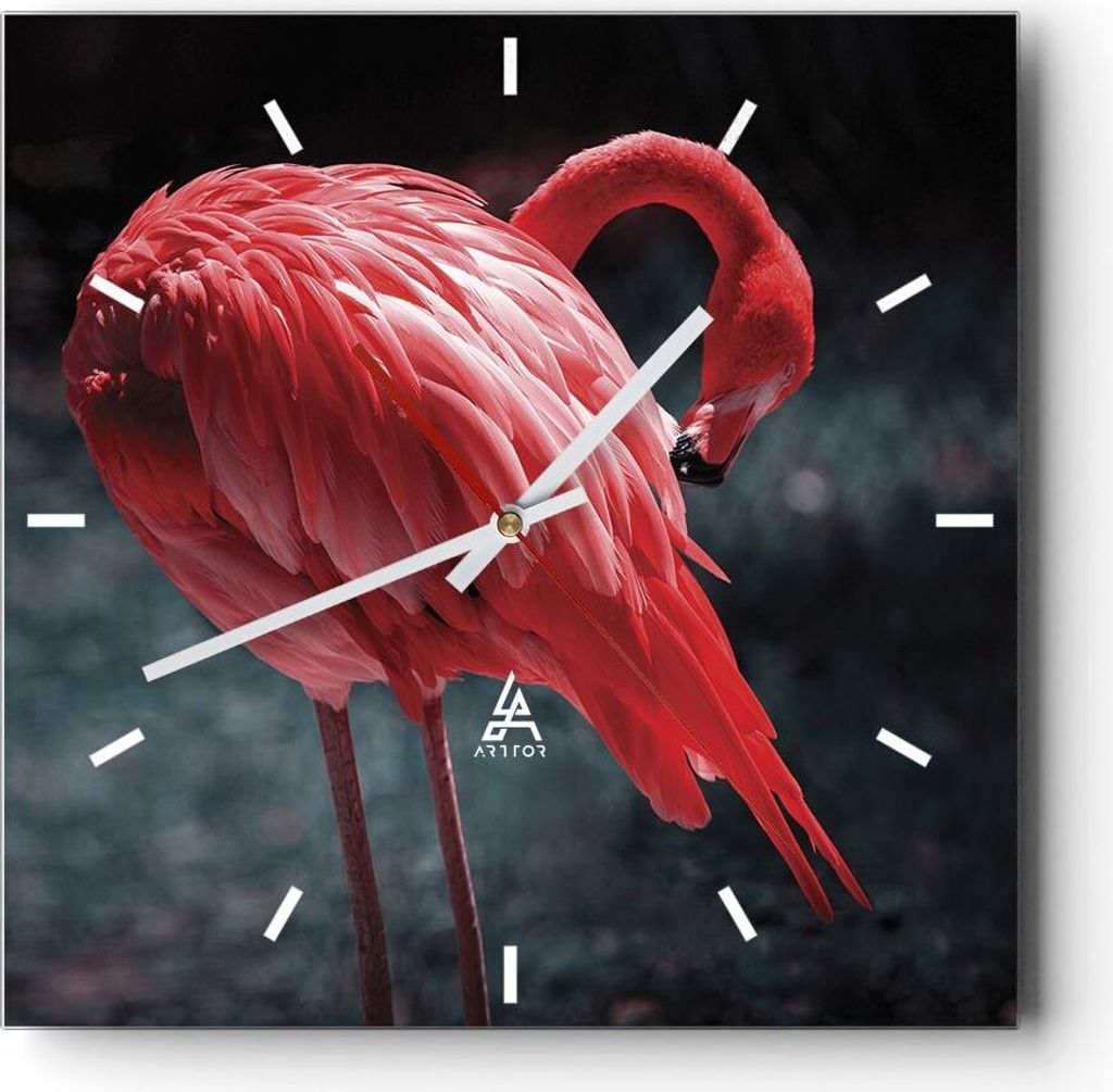 Wanduhr - Quadrat - Glasuhr - Flamingo Rosa Vogel - 30x30cm - Schleichendes Uhrwerk - Lautlos - zum Aufhängen bereit - Dekoration Modern - Wanddek...