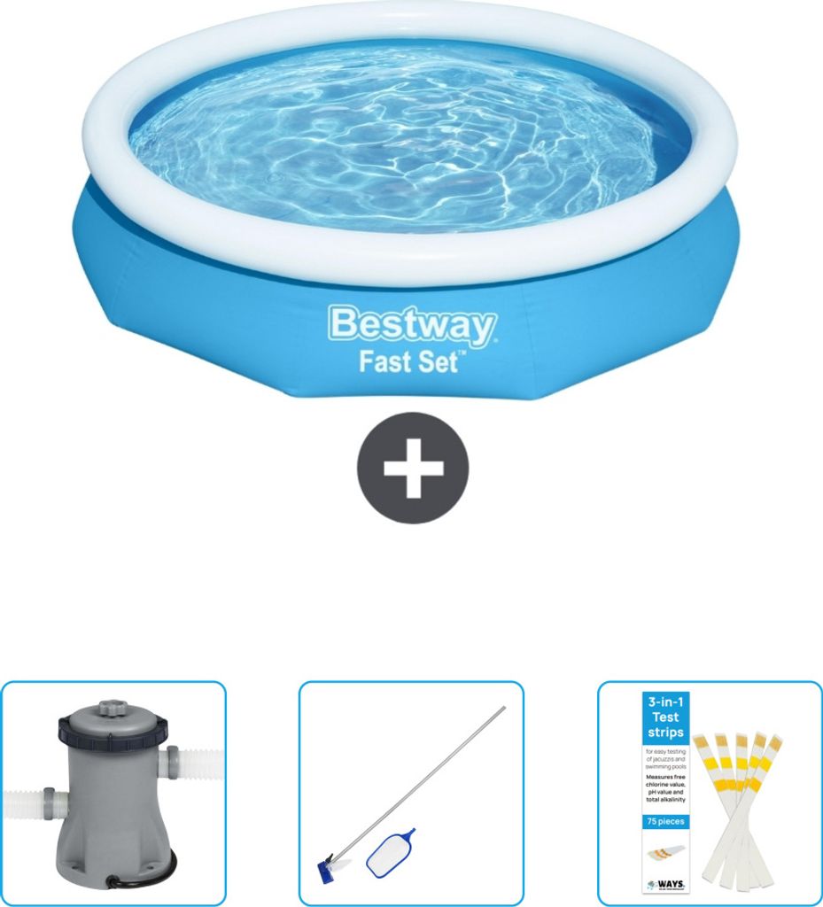 Bestway runder aufblasbarer Fast-Set-Pool – 305 x 66 cm – Blau – im Lieferumfang enthalten Pumpe - Reinigungskit - Teststreifen