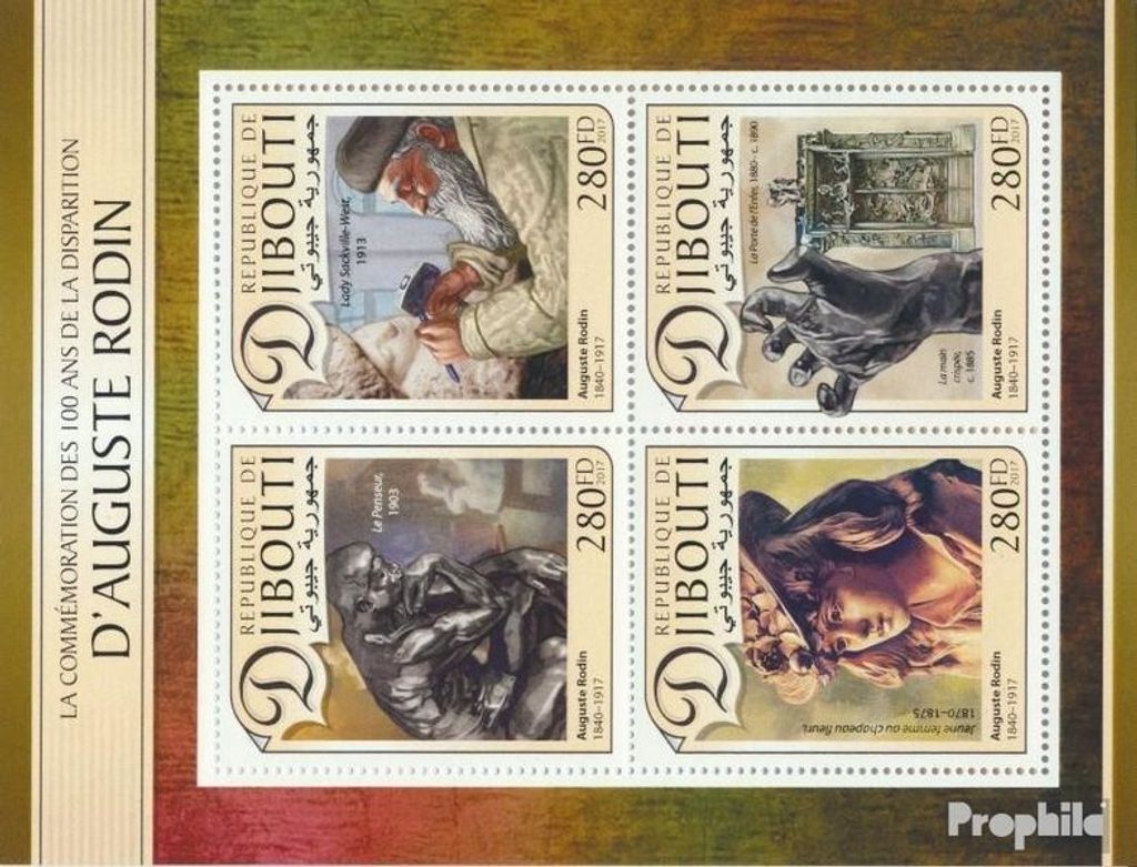 Briefmarken Dschibuti 2017 Mi 1518-1521 Kleinbogen (kompl. Ausg.) postfrisch August Rodin