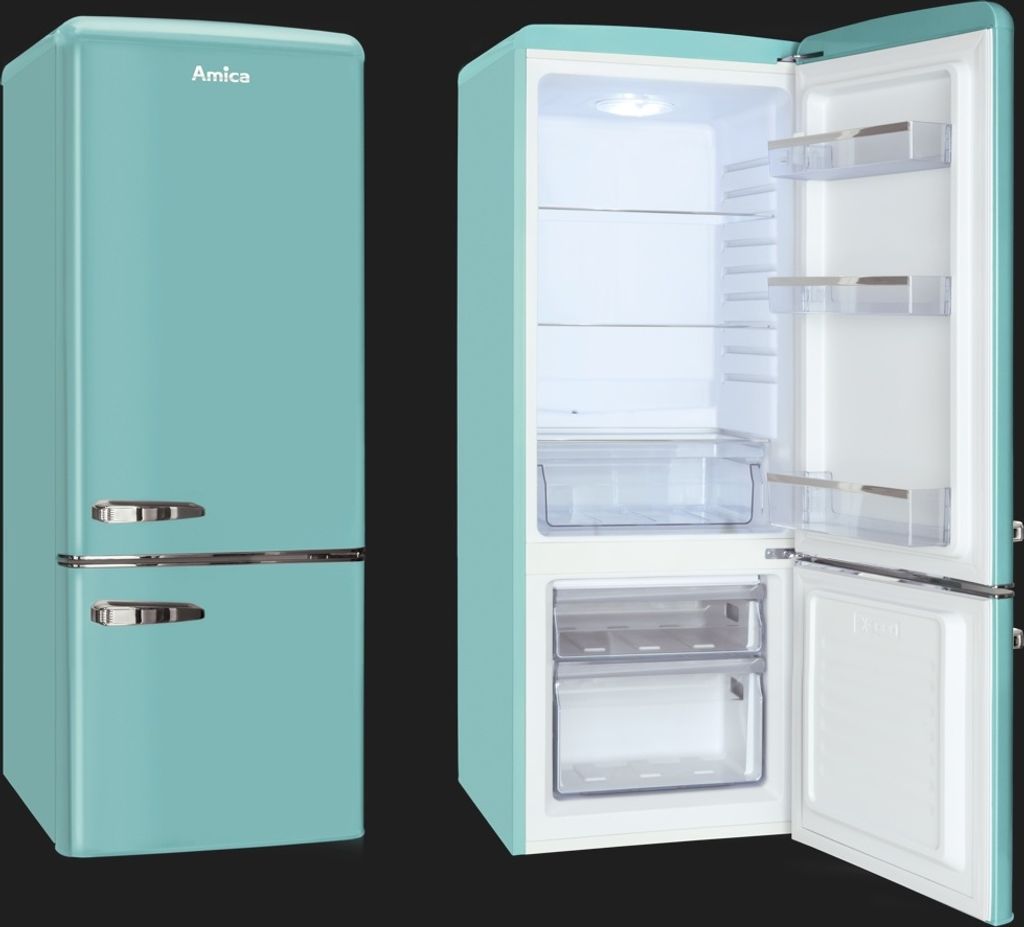 A turquoise Amica refrigerator is shown from the front and with the door open, against a black background.