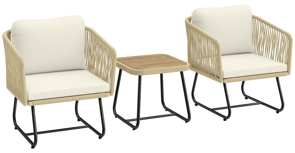 Rattan Bistroset 3 teiligesGartenmöbel-Set mit 2 Sessel, Lamell-Holztisch, dicke waschbare Kissen Stahlrahmen