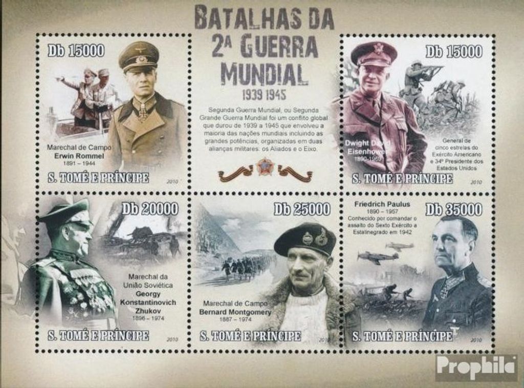 Briefmarken Sao Tome e Principe 2010 Mi 4587-4591 Kleinbogen (kompl. Ausgabe) postfrisch Schlachten des Zweiten Weltkriegs,Rommel