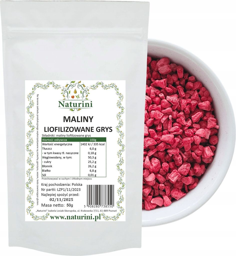 MALINY LIOFILIZOWANE GRYS PYSZNE SUPER JAKOŚĆ owoce MALINA Zdjęcie produktu 