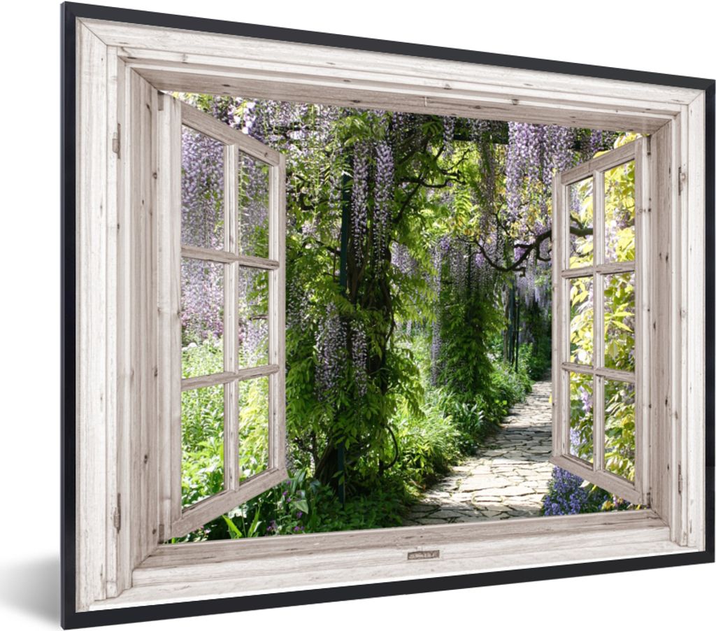 MuchoWow Gerahmtes Poster Blauer Regen - Blumen - Aussicht - Baum - Frühling 80x60 cm - Poster mit Schwarzem Bilderrahmen Wandposter Rahmen Foto...